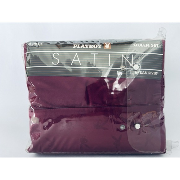 Playboy Bunny Logo Satin Sheets Queen Bed Set - 4 Piece Vintage 1986 Purple Plum - Picture 5 of 14